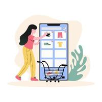 ung flicka shopping från online illustration koncept vektor