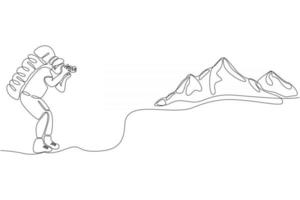 Eine durchgehende Linie gezeichnet von Charakter-Reisefotografen mit Kamera und Rucksack, die Berge-Vektorillustration schießen