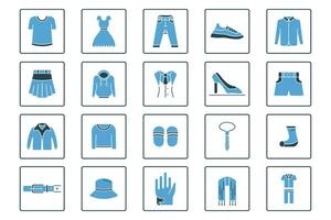 Kleider einstellen Symbol. enthält Symbole T-Shirt, Kleid, Jeans, Turnschuhe, Shirt, usw. solide Symbol Stil. einfach Vektor Design editierbar