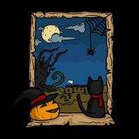 Halloween süß Katze im Fenster Vektor Illustration