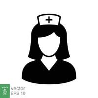 sjuksköterska ikon. enkel fast stil. medicinsk assistent, kvinna, kvinna, läkare, läkare, hälsa, medicin, sjukhus begrepp. svart silhuett, glyf symbol. vektor isolerat på vit bakgrund. eps.