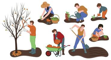 Karikatur Farbe Zeichen Menschen und Herbst Gartenarbeit Konzept. Vektor