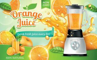 realistisk detaljerad 3d orange juice med elektrisk juicepress annonser baner begrepp affisch kort. vektor