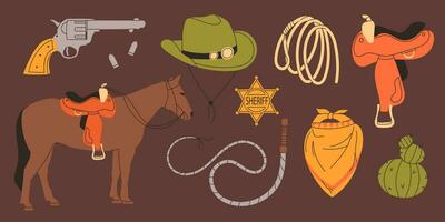 vild väst uppsättning. cowboy tema. söt vektor uppsättning av hand dragen cowboy element. samling av annorlunda klistermärken med kaktus, hatt, häst, lasso, piska, hästsko sadel, revolverf. stock illustration.