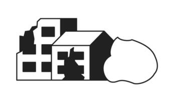 bruten bostads- byggnader svartvit platt vektor objekt. skadestånd efter katastrof. redigerbar svart och vit tunn linje ikon. enkel tecknad serie klämma konst fläck illustration för webb grafisk design