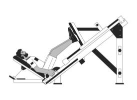 man brådskande framåt- fotplatta på maskin platt linje svart vit vektor karaktär. redigerbar översikt full kropp person. hamstrings övning enkel tecknad serie isolerat fläck illustration för webb design