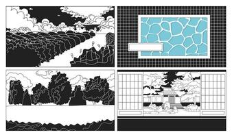 siehe da fi Design bw süß kawaii siehe da fi Hintergründe Satz. Park, Schwimmen Schwimmbad monochromatisch 2d Vektor Karikatur Landschaft Illustrationen, lofi ästhetisch Tapeten Schreibtisch. japanisch Anime Landschaft, verträumt Stimmung