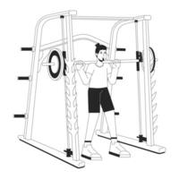 man innehav skivstång i smed maskin platt linje svart vit vektor karaktär. redigerbar översikt full kropp person. utför powerlifting enkel tecknad serie isolerat fläck illustration för webb design