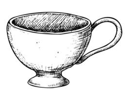 leeren Porzellan Weiß Tasse zum Tee oder Kaffee. Hand gezeichnet Vektor Illustration von Jahrgang Teetasse auf Weiß isoliert Hintergrund. Zeichnung von Keramik Becher zum Getränk im Gliederung Stil gemalt durch schwarz Tinten.