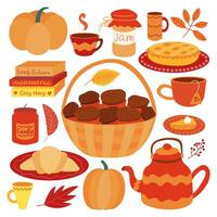 Vektor Herbst Nachspeisen Satz. süß Herbst Essen im Karikatur Stil Satz. Korb mit Muffins, Kürbis Kuchen, Croissant, heiß Schokolade und Tee