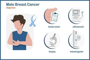 medicinsk vektor illustration i platt stil. diagnos av manlig bröst cancer, bröst undersökning, ultraljud, biopsi och mammografi.isolerad på vit bakgrund.