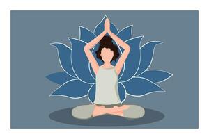 kvinna Sammanträde i en meditation placera. chakra meditation begrepp i blå färger. vektor illustration isolerat. buddhism esoterisk motiv. använda sig av för andlig, yoga, sport, social media, webb och design.
