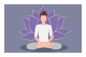 kvinna Sammanträde i en meditation placera. chakra meditation begrepp i violett färger. vektor illustration isolerat. buddhism esoterisk motiv. använda sig av för andlig, yoga, sport, social media och design.