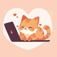 Orange Katze Lügen auf es ist zurück auf ein Laptop Computer vektor