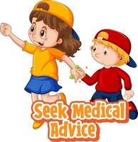 Zwei Kinder-Cartoon-Figur hält keine soziale Distanz mit der Schrift für medizinische Beratung, die auf weißem Hintergrund isoliert ist vektor
