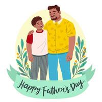 Lycklig fars dag hälsning kort med far och son. vektor illustration.