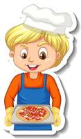 klistermärke design med kock pojke håller pizza bricka vektor