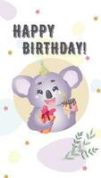 glücklich Geburtstag Karte mit ein süß Koala. Kinder- Postkarte, Gruß Karte, Poster, Abdeckung. vektor