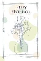 Blumen im ein Vase Umriss. Hand gezeichnet Vektor Illustration. minimalistisch glücklich Geburtstag Gruß Karte oder Hintergrund im Aquarell Töne