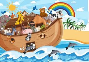 Noahs ark med djur i havsscenen vektor