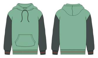 Kapuzenpullover technisch Mode eben skizzieren Vektor Vorlage. Baumwolle Vlies Stoff bekleidung mit Kapuze Sweatshirt Illustration spotten oben Vorderseite, zurück Ansichten.