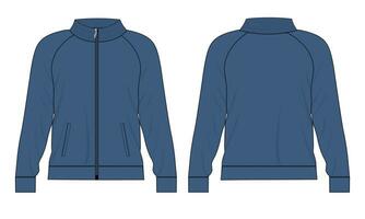 Langarmjacke mit Tasche und Reißverschluss Technische Mode flache Skizzenvektorillustrationsvorlage Vorder- und Rückansichten. Sweatshirtjacke aus Fleece-Jersey für Herren und Jungen. vektor