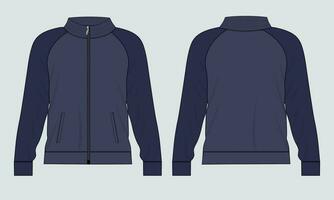 Langarmjacke mit Tasche und Reißverschluss Technische Mode flache Skizzenvektorillustrationsvorlage Vorder- und Rückansichten. Sweatshirtjacke aus Fleece-Jersey für Herren und Jungen. vektor