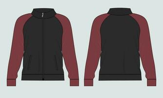 Langarmjacke mit Tasche und Reißverschluss Technische Mode flache Skizzenvektorillustrationsvorlage Vorder- und Rückansichten. Sweatshirtjacke aus Fleece-Jersey für Herren und Jungen. vektor