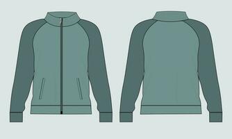 Langarmjacke mit Tasche und Reißverschluss Technische Mode flache Skizzenvektorillustrationsvorlage Vorder- und Rückansichten. Sweatshirtjacke aus Fleece-Jersey für Herren und Jungen. vektor