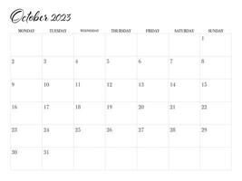 kalender oktober 2023 Start från måndag vektor