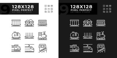 järnväg logistik pixel perfekt linjär ikoner uppsättning för mörk, ljus läge. järnväg frakt transport. järnväg Spår. tunn linje symboler för natt, dag tema. isolerat illustrationer. redigerbar stroke vektor