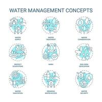 Wasser Verwaltung Türkis Konzept Symbole Satz. natürlich Ressourcen Verbrauch Planung Idee dünn Linie Farbe Illustrationen. isoliert Symbole. editierbar Schlaganfall vektor