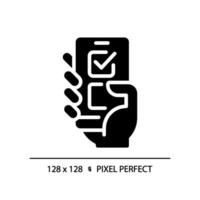 Pixel perfekt Glyphe Stil Symbol von Hand Wählen durch Smartphone, isoliert eben Design Vektor Darstellen online Wählen.