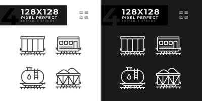 Schiene Wagen Pixel perfekt linear Symbole einstellen zum dunkel, Licht Modus. Zug Wagen. Fracht Versand. logistisch Service. dünn Linie Symbole zum Nacht, Tag Thema. isoliert Illustrationen. editierbar Schlaganfall vektor