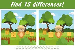 Spiel zum Kinder finden 15 Unterschiede im das Bild. Spiel Bär sammelt Honig. vektor