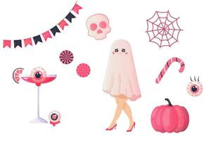 uppsättning av rosa halloween klistermärken docka, pumpa, godis, flicka, cocktails vektor