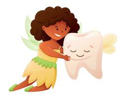 rolig magisk karaktär tand fe- med vingar. prinsessa flicka kramas en mjölk bebis tand. vektor tecknad serie isolerat illustration.