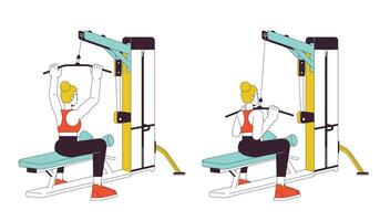 Arbeiten aus auf lat Pulldown Maschine eben Linie Vektor Stelle Illustration. weiblich 2d Karikatur Gliederung Charakter auf Weiß zum Netz ui Design. Oberkörper Stärke trainieren editierbar isoliert Farbe Held Bild