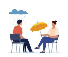 Psychotherapie Sitzung. geduldig Sitzung unter das Regen Wolke, ein Spezialist geben ihm ein Regenschirm. sich unterhalten Therapie Konzept. Vektor Illustration.