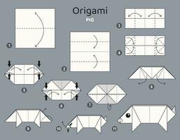 Schwein Origami planen Lernprogramm ziehen um Modell. Origami zum Kinder. Schritt durch Schritt Wie zu machen ein süß Origami Bauernhof Tier. Vektor Illustration.