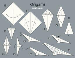 dinosaurie origami schema handledning rör på sig modell. origami för ungar. steg förbi steg på vilket sätt till göra en söt origami dinosaurie. vektor illustration.