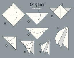 Bananen Origami planen Lernprogramm ziehen um Modell. Origami zum Kinder. Schritt durch Schritt Wie zu machen ein süß Origami Banane. Vektor Illustration.