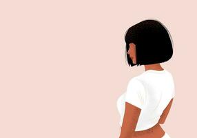 jung afrikanisch amerikanisch Frau mit kurz schwarz Gerade Haar im Weiß Tee Shirt. isoliert schwarz stark Mädchen Stehen im Hälfte ein Wende auf Hintergrund. Vektor Illustration, Poster, Banner, Abdeckung.