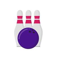 Bowlingspiel runder Ball und 3 Kegeln Symbol unterzeichnen Flat Style Design Vector Illustration. Bowlingkugel und Pin auf weißem Hintergrund