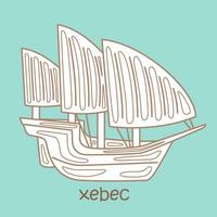 alfabet x för xebec ordförråd skola lektion läsning tecknad serie digital stämpel översikt vektor