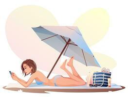 Mädchen ist Sonnenbaden auf das Strand unter ein Strand Regenschirm. Sommer- sonnig Illustration, ruhen Frau im ein Badeanzug. Sommer- Zeit, ausruhen, Entspannung. Karikatur Stil. vektor