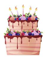 Geburtstag Kuchen mit Kerzen auf ein isoliert Weiß Hintergrund. schön Keks mit Beeren und Baisers. hell festlich Geburtstag Kuchen Illustration vektor