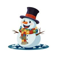 ein Karikatur Schneemann tragen ein Hut und Schal. süß Karikatur Charakter, Weihnachten und Neu Jahr Schneemann. zum Postkarten, Plakate und Einladungen. Vektor Illustration.