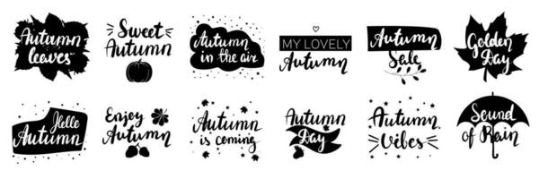 Sammlung Hand gezeichnet Herbst kurz Phrasen. einstellen von Herbst Zitate schwarz Farbe isoliert auf Weiß Hintergrund. Vektor Illustration. Herbst Blätter. Klang von Regen. golden Tag. genießen Herbst.