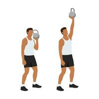 Mann tun einer Arm Schulter Drücken Sie mit Kettlebell Übung. eben Vektor Illustration isoliert auf Weiß Hintergrund